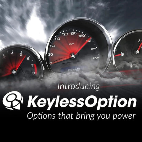 Speedometers and a promotional graphic for KeylessOption, showcasing power and performance, set against a dramatic cloudy background.