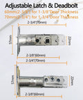 Adjustable backset latch sizes 2-3/8 to 2-3/4 inches with measurements shown for Double Door Handle Set For Your Front Door With Brushed Nickel Finish, Keyed Entry And Dummy Handles, Adjustable Backset From Two And Three Eighths Inches To Two And Three Quarters Inches, Fits US Standard Doors.