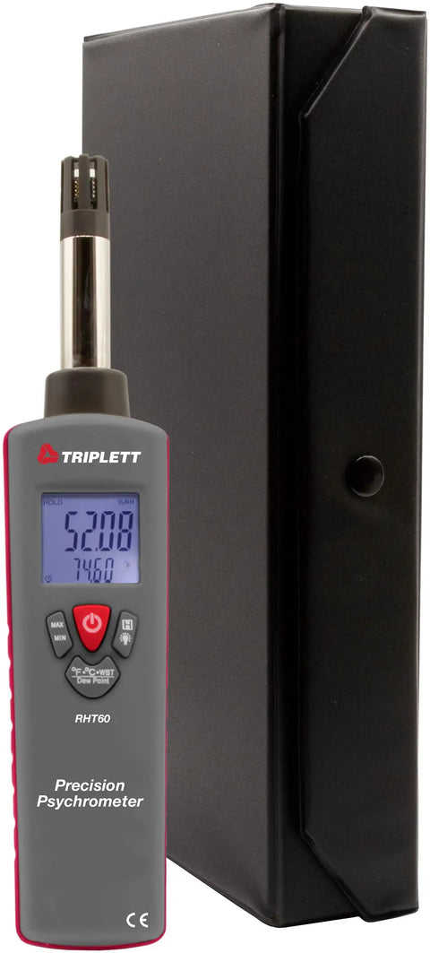 Handheld Precision Psychrometer With Dual Backlit Display For Temperature Humidity Wet Bulb And Dew Point next to black case