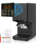 Electronic Automatic Espresso Tamper With 58mm Coffee Distribution Disc Adjustable Pressure Settings showing digital controls.