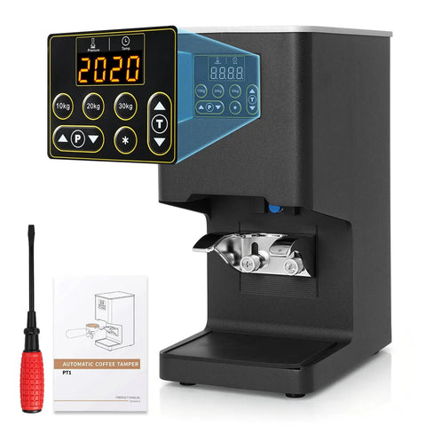 Electronic Automatic Espresso Tamper With 58mm Coffee Distribution Disc Adjustable Pressure Settings showing digital controls.