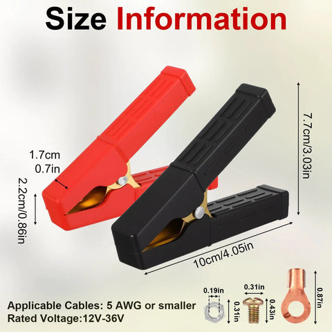 Two Pack Heavy Duty Pure Copper Battery Charger Clamps Alligator Clips With Insulating Sheath For Under 5 AWG Cables 12V 24V 36V Get The Job Done Power Jump Start And Built Tough For Real Power Transfer showing size.