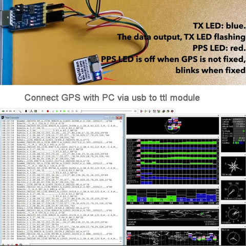 BN 180 GPS Glonass Module TTL NMEA 0183 1Hz 9600bps shown connected to PC via USB interface with LED indicators