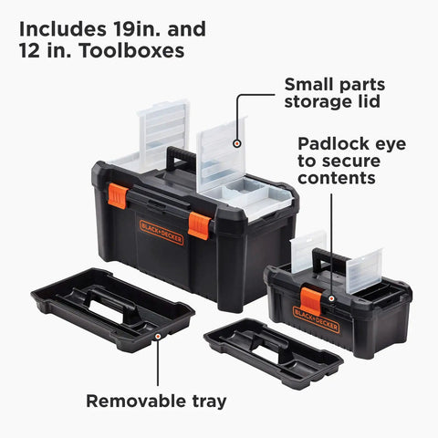 Tool Box Bundle 19-Inch And 12-Inch Storage Cases with removable trays, easy access lids, clear compartments, and lockable padlock eye.