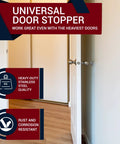 Knockout Heavy Duty Door Bumper Keeps Walls Looking Sharp Satin Stainless Steel Rubber Wall Mount Stopper next to closed door.