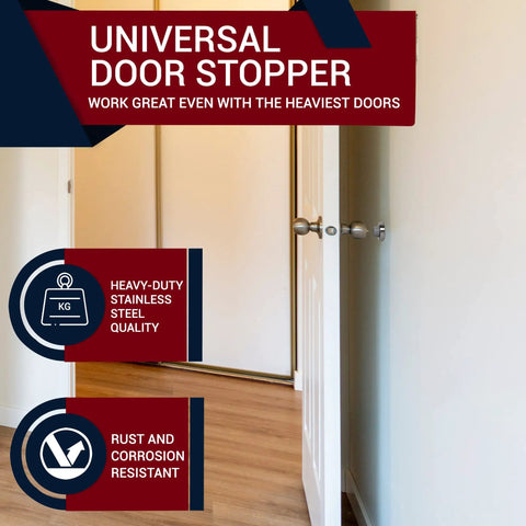 Knockout Heavy Duty Door Bumper Keeps Walls Looking Sharp Satin Stainless Steel Rubber Wall Mount Stopper next to closed door.