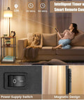 Rustic End Table Lamp With USB Charging Port And Power Outlet in living room with timer control, shelves, remote, and sofa.