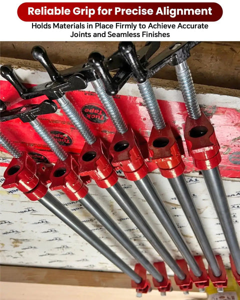 Heavy Duty Cast Iron Pipe Clamps 4 Pack For Real Woodworking Tough As Nails Jig showing red steel fixtures on a workbench.