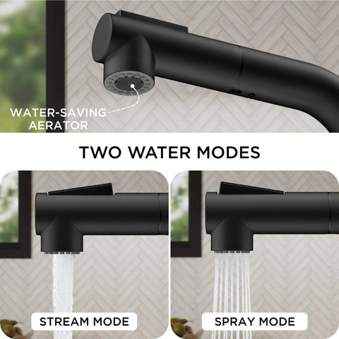 Top Shelf Compact Kitchen Faucet With Pull Down Sprayer And Rock Solid Stainless Steel Build Matte Black Finish water-saving aerator with two modes.
