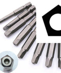 Premium Ten Piece Security Hex Shank Bit Set Featuring Rugged Alloy Steel Build with pentagonal tips for tamper proof screws.