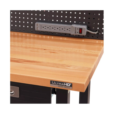 UltraHD Heavy Duty Lighted Work Center With Pegboard And Solid Wood Top, close-up of wood surface and power strip.