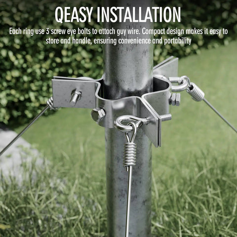 Close-up of a Three Way Guy Wire Ring Kit With 100 Ft Wires And Mount Accessories attached to a mast outdoors.
