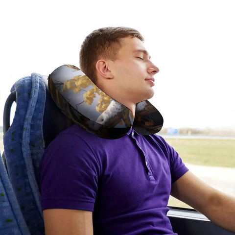 Man using Bear On The Branch Travel Neck Pillow U Shaped Portable Headrest For Airplane Car Office And Home With Comfy Memory Foam Fill