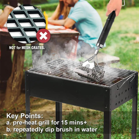 Person using Bristle Free Grill Brush For Outdoor Grills Safe BBQ Cleaner That Wont Shed Bristles 18 Inch Stainless Steel Grill Cleaning Tool Kit Essential Grill Accessories Gift For Men Dad on a metal barbecue grill.