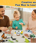 Family exploring Life Cycle Science Toys For Kids Set with butterfly, frog, chicken, mantis, bee, plants figurines on a table.