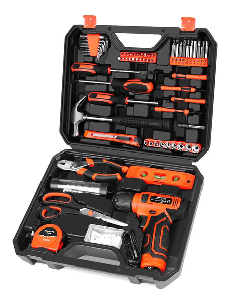 139 Piece Tool Set With 8V Cordless Drill Driver In Sturdy Toolbox Case open displaying full tool assortment