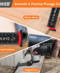 Japanese Teeth Multitool Blades 10 Pack Extra Long Zero Cut Saw Kit For Lumber Plywood And Drywall No Sweat Precision Cuts With Smooth Operator Finish showing plunge cuts on wood, including angled and curved cuts.