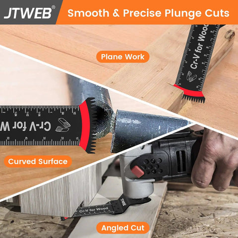 Japanese Teeth Multitool Blades 10 Pack Extra Long Zero Cut Saw Kit For Lumber Plywood And Drywall No Sweat Precision Cuts With Smooth Operator Finish showing plunge cuts on wood, including angled and curved cuts.