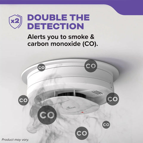 Two In One Smoke And Carbon Monoxide Detector With Voice Alerts Battery Powered Wire Free Interconnect LED Status Light And 85 Decibel Alarm Five Inch Unit No Fuss Install Model 30CUDR VRF For Safer Homes mounted on ceiling with smoke illustration.