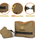 Range Ready Front And Rear Shooting Rest Bags Set Unfilled 900D Oxford Sandbags with stand holders, khaki, close-up view.