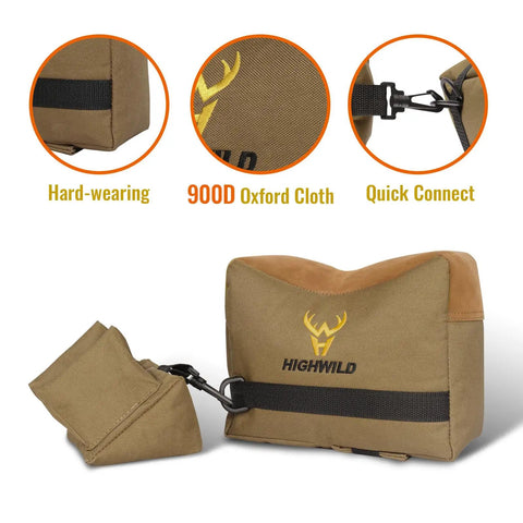 Range Ready Front And Rear Shooting Rest Bags Set Unfilled 900D Oxford Sandbags with stand holders, khaki, close-up view.