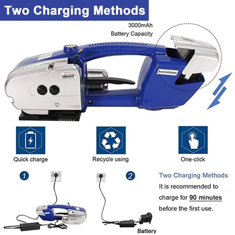Powerful Portable Electric Strapping Machine With Battery Power For Pet Pp Straps showing 3000mAh battery with quick charge options.