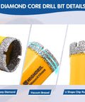 Close-up of Heavy Duty Diamond Hole Saw Kit details showing sharp diamond edges and U shape chip flute for drilling hard materials.