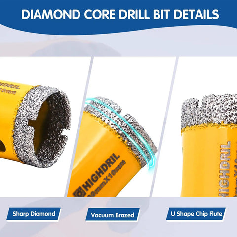 Close-up of Premium Highdril Diamond Hole Saw Kit core drill bit showing sharp diamond edge and U shape chip flute.