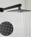 Matte Black Concealed Shower Set With Built-In Pressure Balance Valve, Ultra-Thin 8-Inch Rain Shower Head, Handheld Shower, Holder And Trim Kit For Modern, Stylin Bathrooms, showing water flow from 8-inch head and nozzle detail close-up