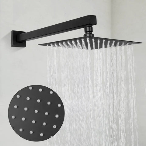Matte Black Concealed Shower Set With Built-In Pressure Balance Valve, Ultra-Thin 8-Inch Rain Shower Head, Handheld Shower, Holder And Trim Kit For Modern, Stylin Bathrooms, showing water flow from 8-inch head and nozzle detail close-up
