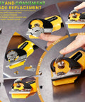 Instructions for blade replacement on Cordless Electric Scissors Go To Box Cutter For Cardboard And More, yellow with tool.