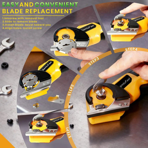 Instructions for blade replacement on Cordless Electric Scissors Go To Box Cutter For Cardboard And More, yellow with tool.