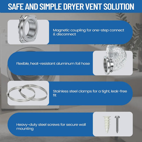 Magnetic Dryer Vent Connector Kit with Airtight Seal showing components like magnetic coupling, aluminum hose, and steel clamps.