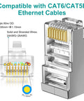 50-Pack Cat6 Shielded Pass Through RJ45 Connectors With Strain Relief Boots shown with wire compatibility details