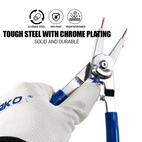 8 Inch Snap Ring Pliers Kit With Interchangeable Tips For Internal And External Rings, chrome plating, close-up view