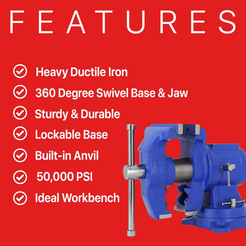 Features of Heavy Duty 5 Inch Multipurpose Bench And Pipe Vise With Ductile Iron Construction 50 000 PSI Strength in blue