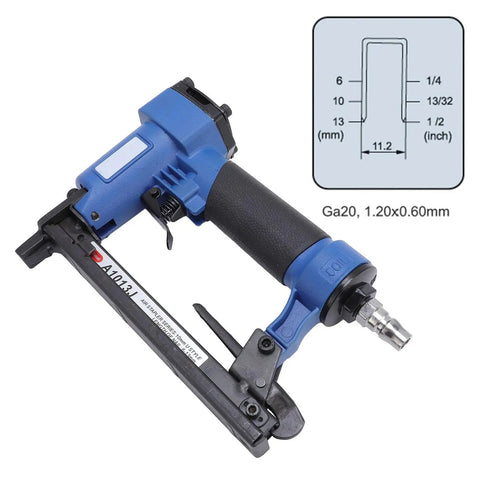 Pro Grade Pneumatic Brad Nailer Shoots 1/4 To 1/2 Inch Nails Smooth As Silk For Carpentry, featuring a blue grip and stainless quick connect inlet.