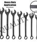 10-Piece SAE Jumbo Combo Wrench Set With Black Oxide Finish, Heavy-Duty Heat-Treated Drop-Forged Steel, Jumbo Sizes From 1 5/16 To 2 Inches, Includes Handy Carrying Pouch For Easy Storage, displayed with various wrench sizes.