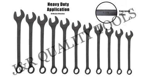 10-Piece SAE Jumbo Combo Wrench Set With Black Oxide Finish, Heavy-Duty Heat-Treated Drop-Forged Steel, Jumbo Sizes From 1 5/16 To 2 Inches, Includes Handy Carrying Pouch For Easy Storage, displayed with various wrench sizes.