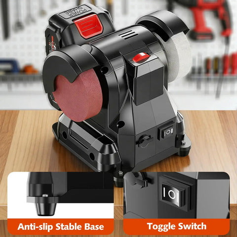 Compact Dual Power Mini Bench Grinder Workhorse for jewelry polishing with stable base and toggle switch in workshop setting