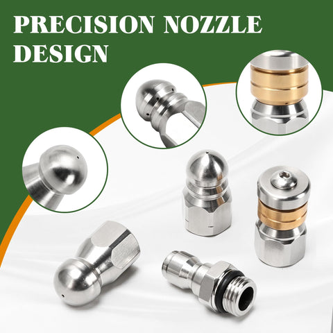 Three Pack Sewer Jetter Nozzle Kit With Stainless Steel Rotating Button Nose And Fixed Nozzles For One Quarter Inch Quick Connect Wands Up To Five Thousand PSI