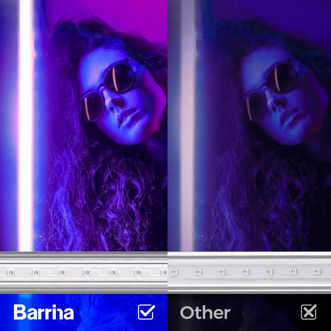 Comparison of UV LED Blacklight Bar 9W 2Ft T5 Integrated Fixture by Barrina and other, showing vivid lighting effects on subject.