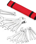 Super Thin Open End Wrench Set, 16 Piece SAE And Metric Wrenches For Tight Spots, From Three Eighths To One And A Quarter Inch And Five Point Five Millimeter To Twenty Seven Millimeter, Chrome Vanadium Steel With Rollin Pouch displayed with red roll pouch.