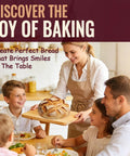 Family enjoying fresh bread at table, showcasing Complete Sourdough Starter Kit With Round 9 Inch Proofing Basket Oval 10 Inch Proofing Baskets.