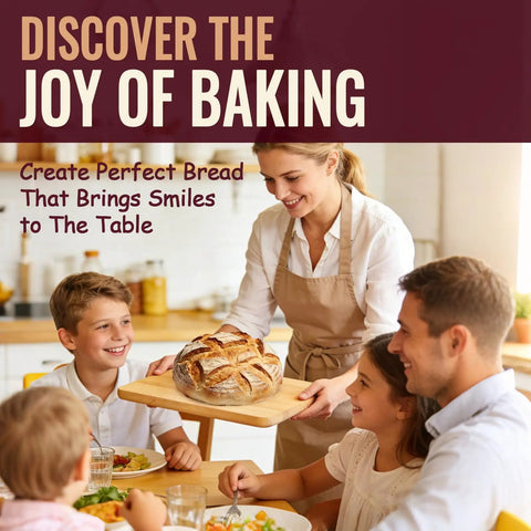 Family enjoying fresh bread at table, showcasing Complete Sourdough Starter Kit With Round 9 Inch Proofing Basket Oval 10 Inch Proofing Baskets.