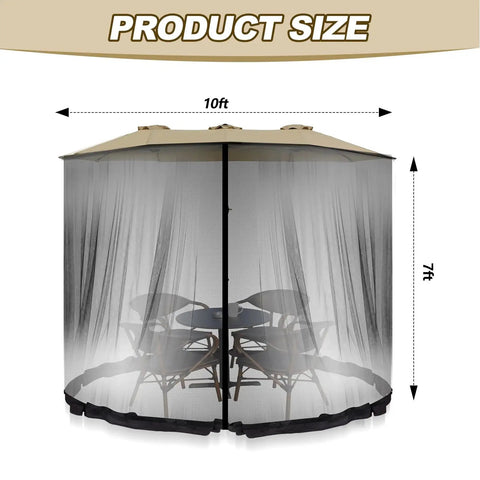 Double Sided Mosquito Netting For 7.5 To 10 Ft Patio Umbrella And Gazebo Easy Installation Weatherproof Black Canopy Net Fits Round Or Square Umbrellas Keeps Bugs Out While You Chill, shown with chairs and table under netting in garden setup.