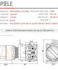 Technical diagram of 22mm 2 Position Maintained Selector Switch 10A 440V, plastic body, aluminum head, 4 terminals, control panels.