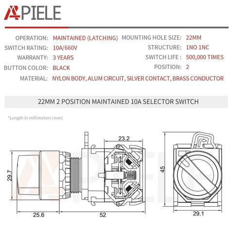 Technical diagram of 22mm 2 Position Maintained Selector Switch 10A 440V, plastic body, aluminum head, 4 terminals, control panels.