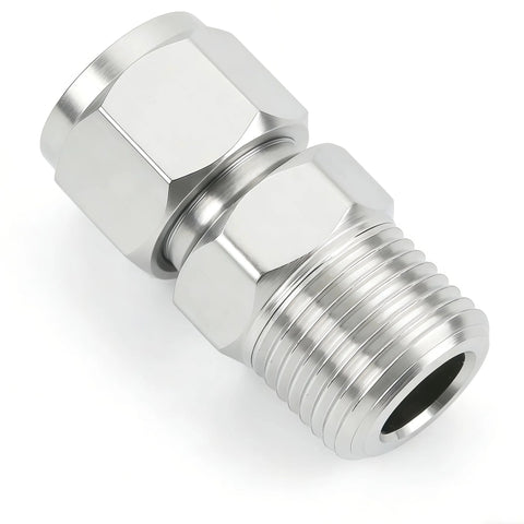 Close-up of stainless steel compression fitting; 3/8 in tube OD to 1/4 in NPT male straight adapter.