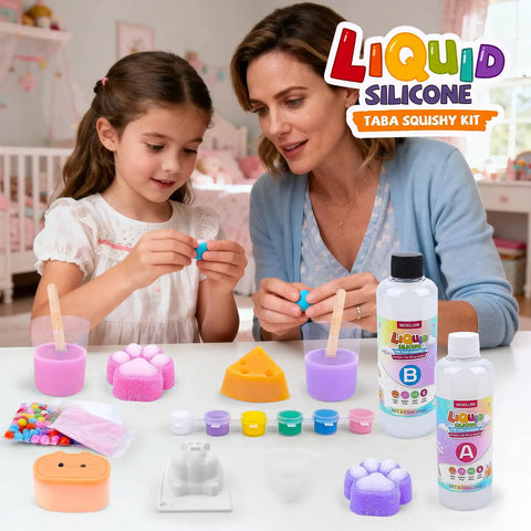 Mother and daughter using Ultimate DIY Squishy Kit With 6 Molds And 18Oz Bubble Free Liquid Silicone Quick 2 To 3 Hour Cure